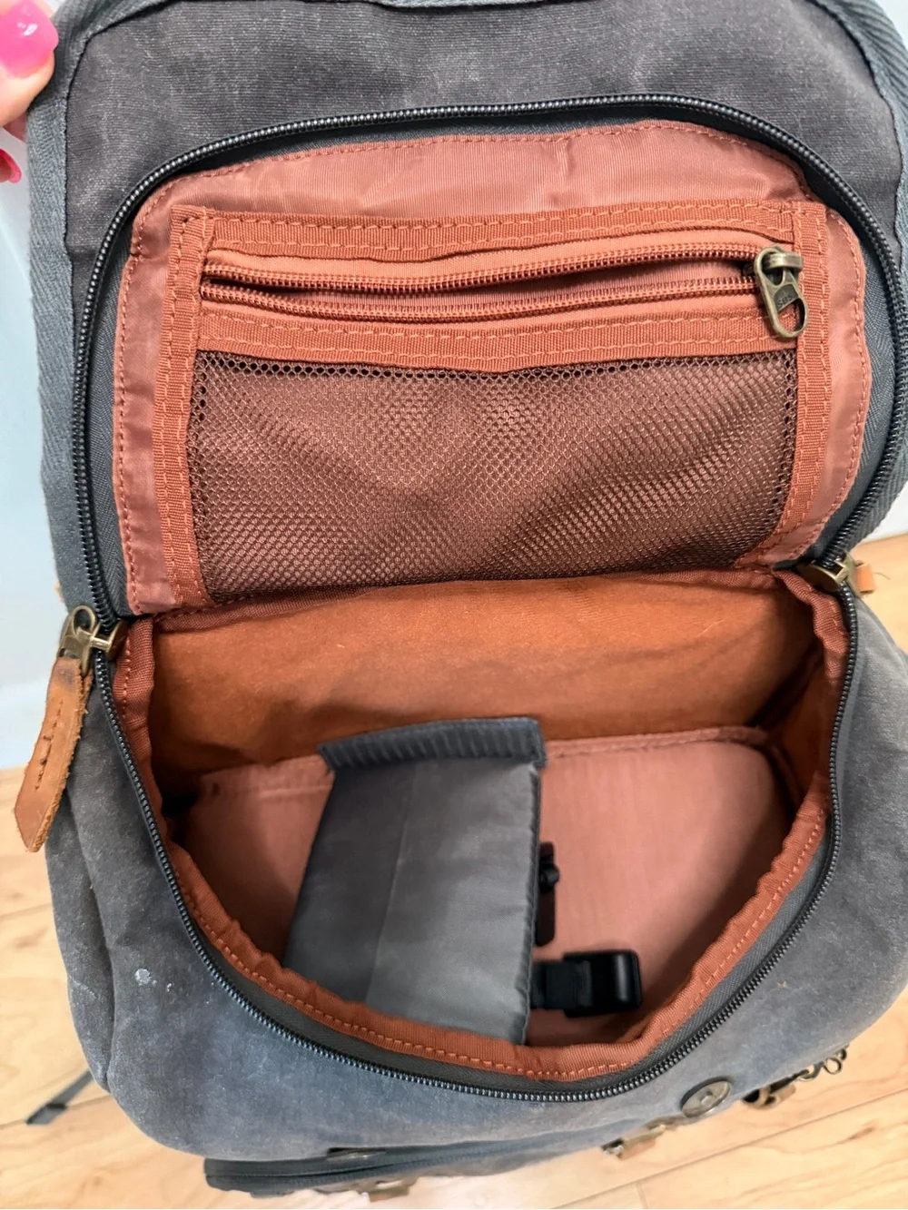 Canvas Camera Backpack for Men - Gray with Tan Accents